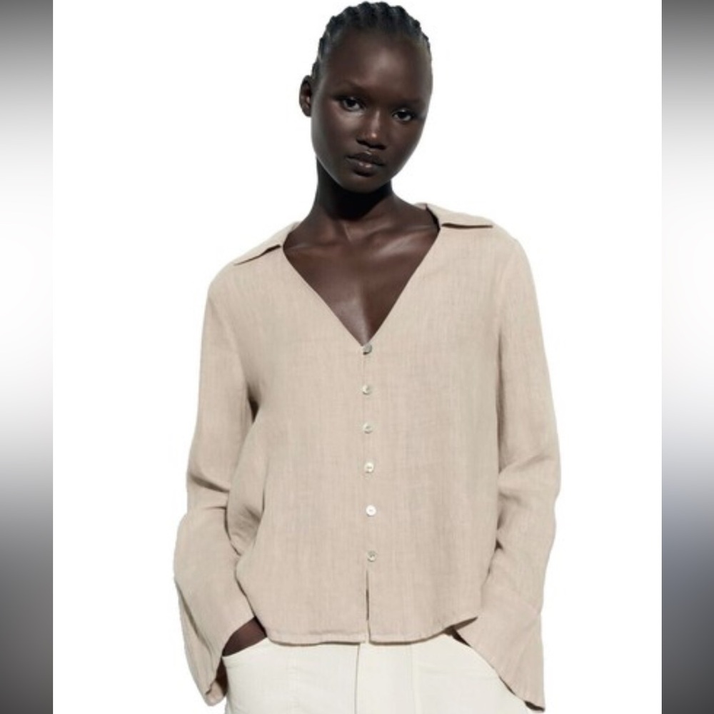 ZARA 100% linen top w/ flared sleeve & mother of pearl buttons in sand beige Med